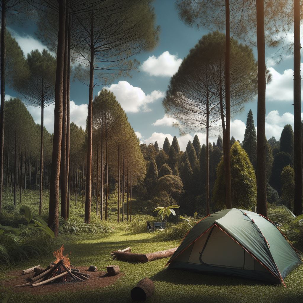 Zelt in der Natur abseits von einem Campingplatz, genießt das Freistehen zwischen Bäumen.